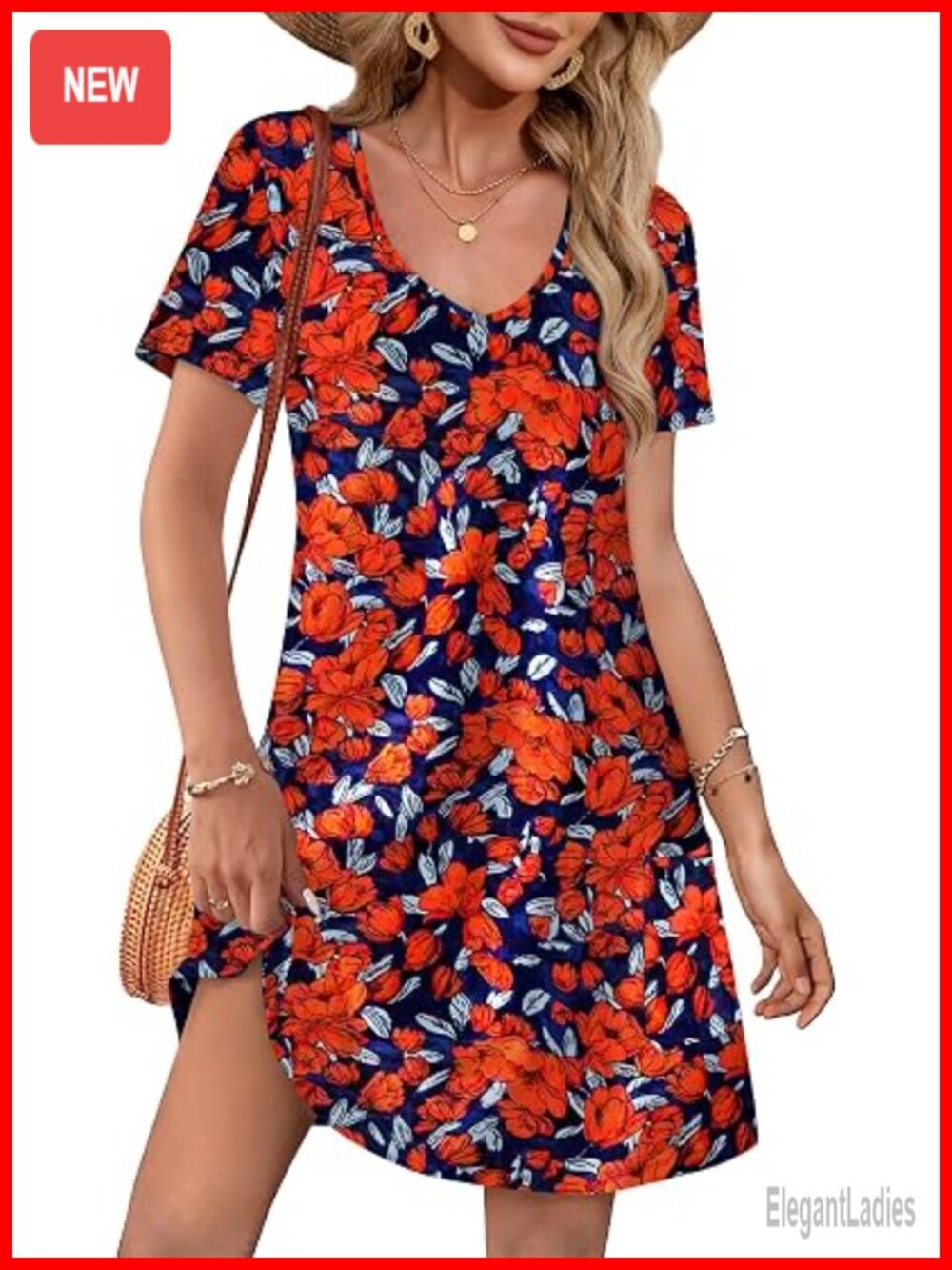 Loose V Neck Short Sleeve Casual T Shirt Dress with Pockets